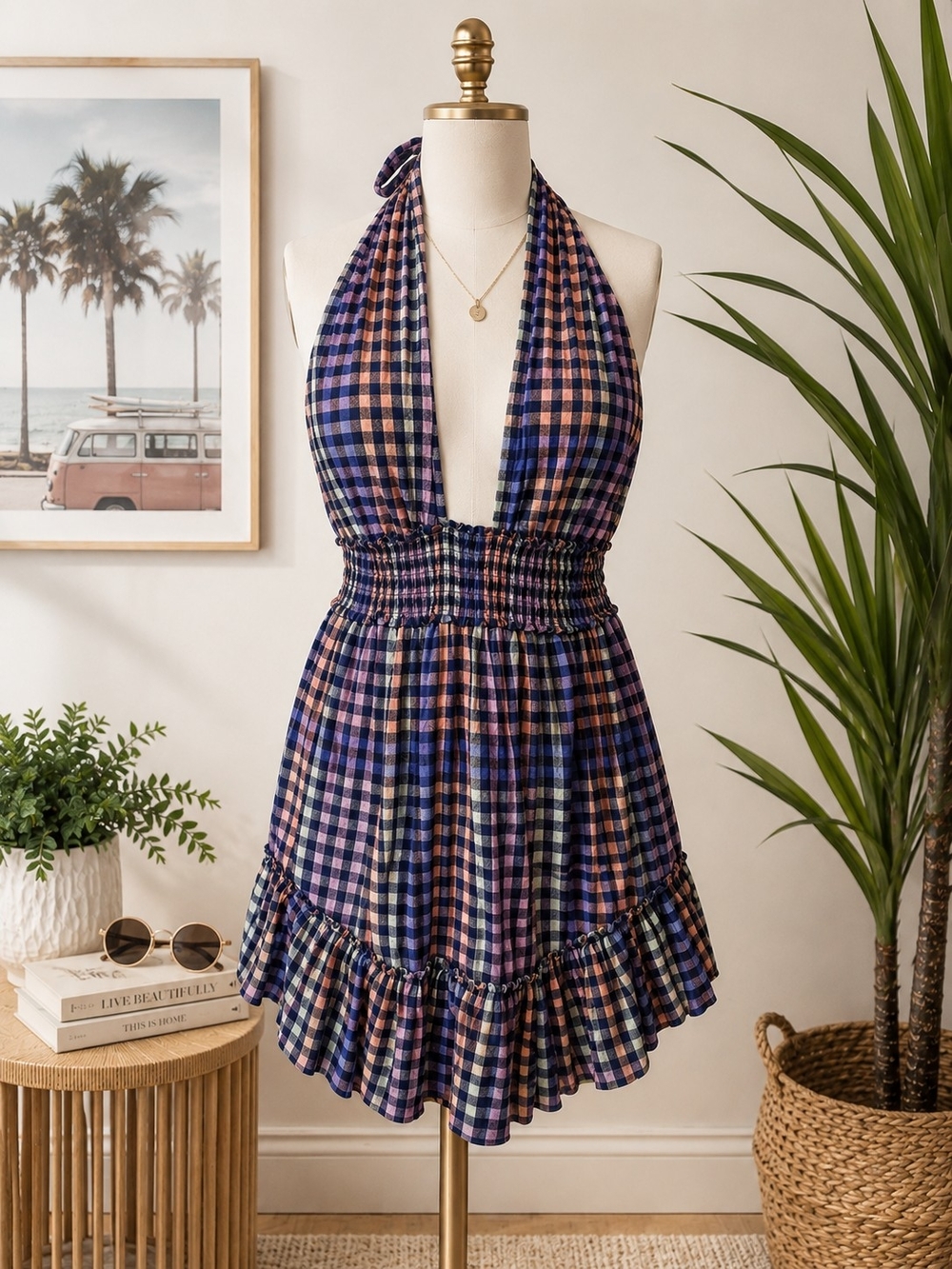 aerie Plaid Halter Mini Dress in Navy and Pink